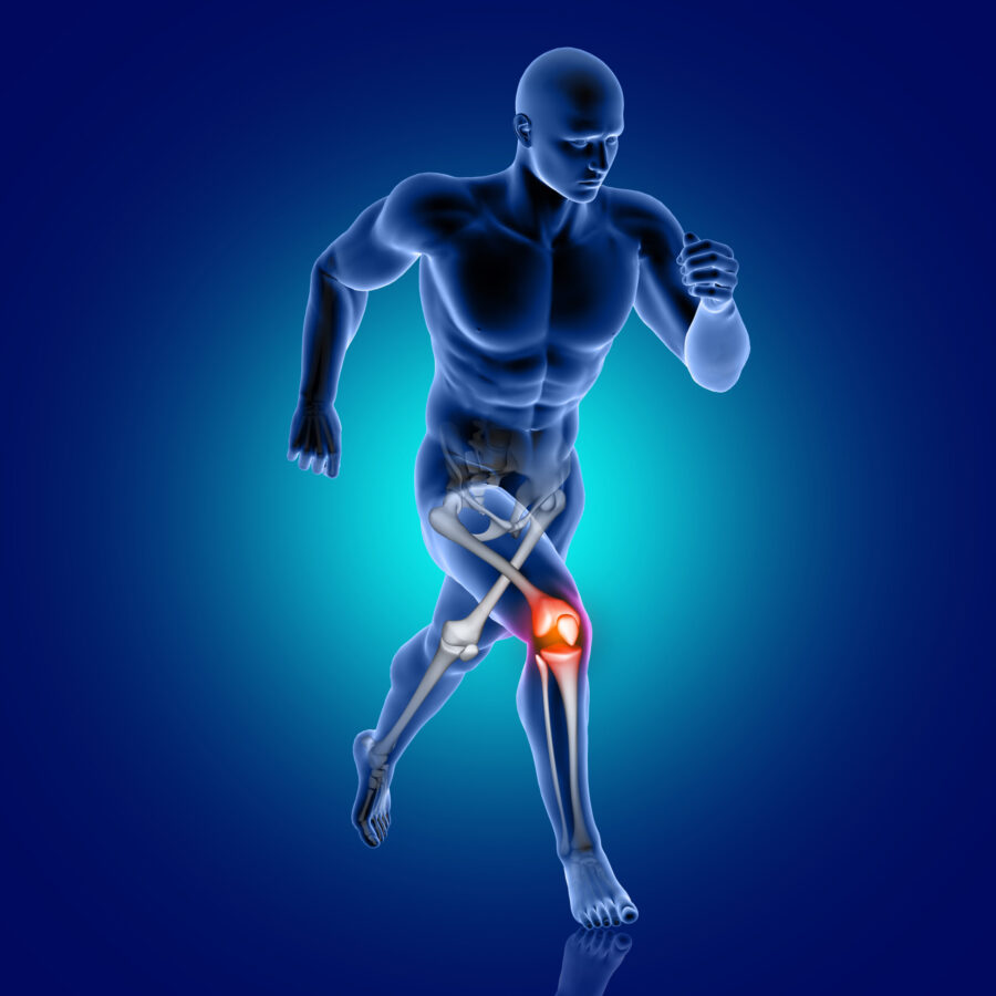 3D render of a male medical figure running with knee bone highlighted